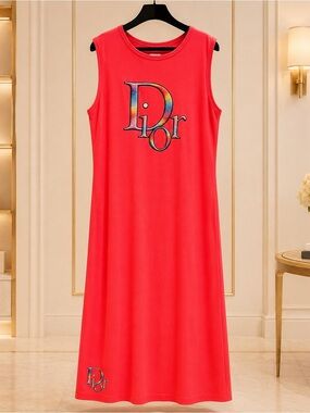 Sleeveless Coral Maxi Dress with Multicolor Logo